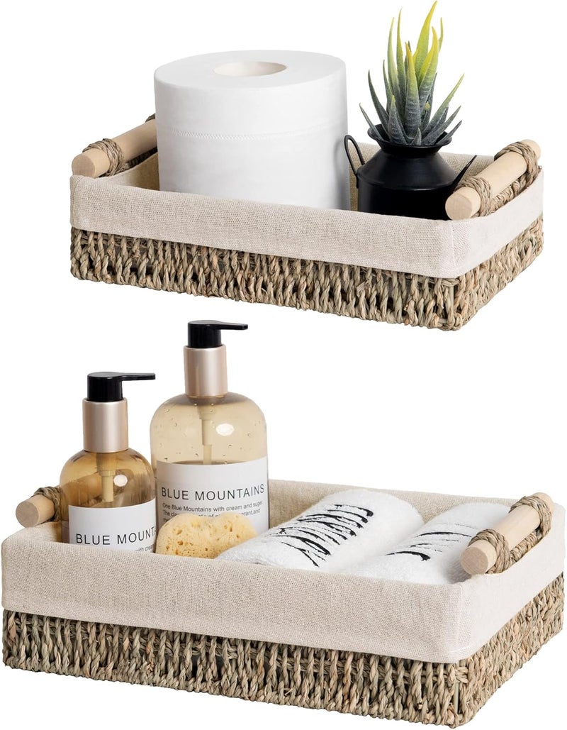 StorageWorks Small Seagrass Baskets for Organizing, Wicker Basket for Organizer, Storage Baskets with Wooden Handles and Natural Fiber Liner, Set of 2 - Image 1